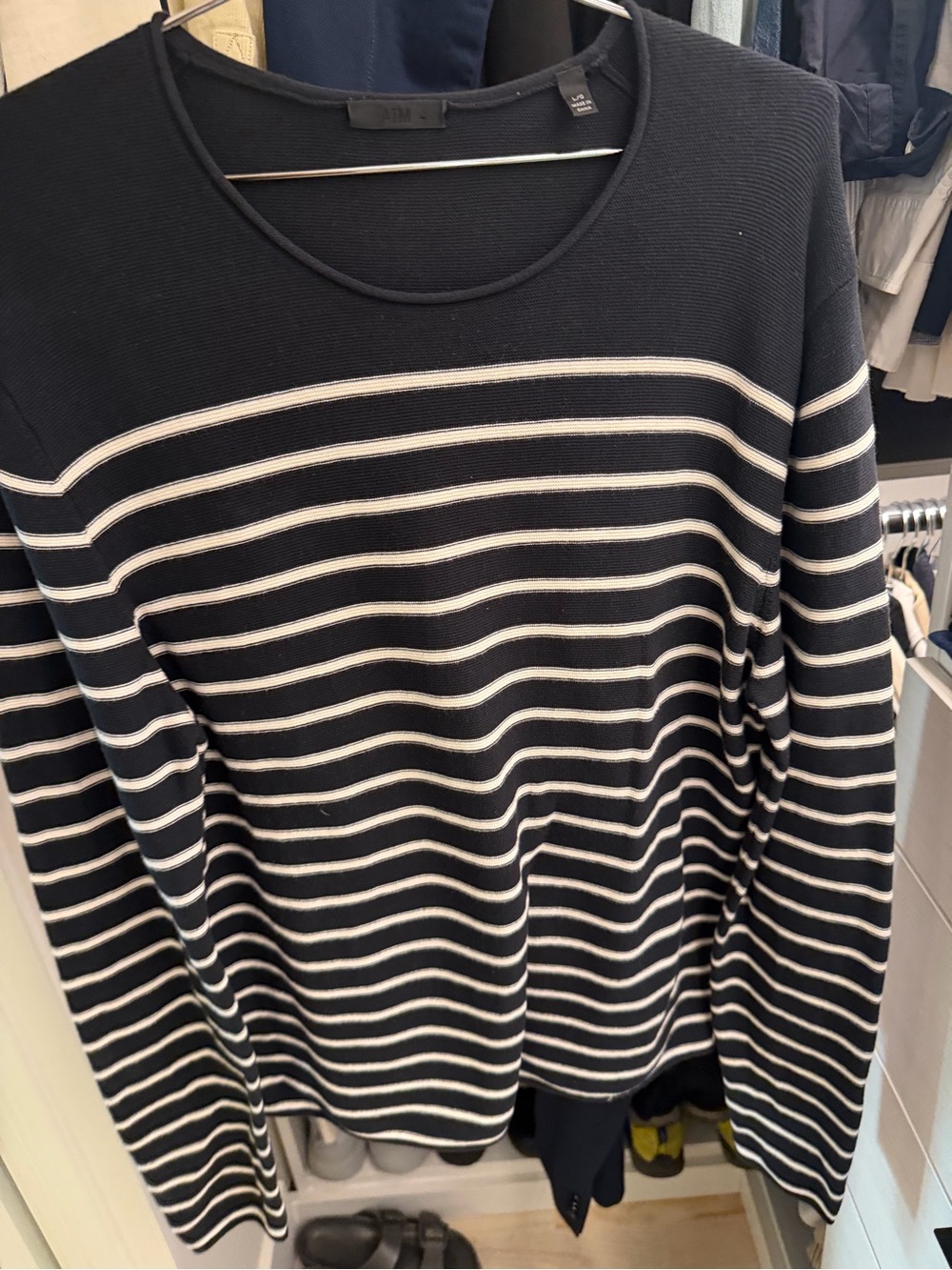 ATM Anthony Thomas Melillo Black Crewneck Sweater with White Stripes